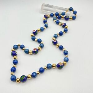 Vintage Estate 14K Gold Beaded Necklace With BLUE Lapis Lazuli & Cloisonne Beads
